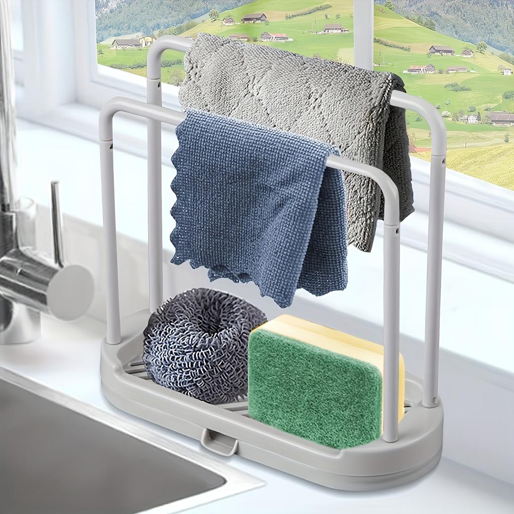 Space-Saving White Plastic Kitchen Sink Organizer - Multi-Functional Towel and Sponge Holder with Drainage Rack, Suitable for Stalls and Home Use