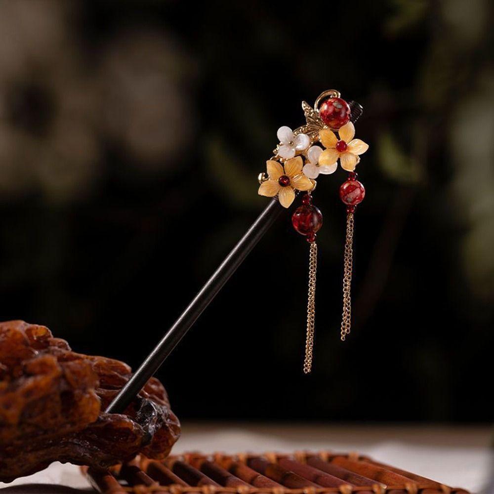 Hair Tassel For Ladies Hair Accessories Chinese Style Hairpin Wooden Hair Fork Flower Hair Sticks