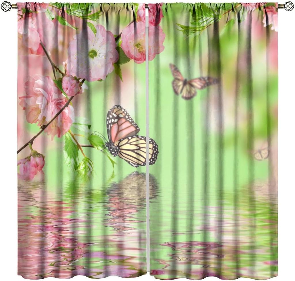 Blue Flower Butterfly Curtains Girls Boy Home Decor Spring Plant Daisy Floral Pattern Drapes Window Curtain With Rod Pocket Polyester