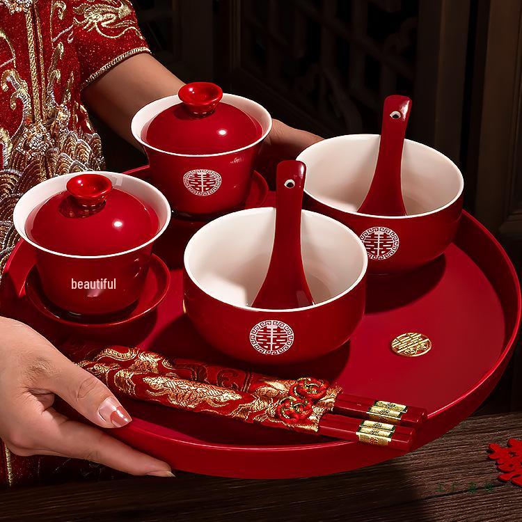Festive Red Wedding Tea Set: Lidded Bowls, Tea Cups, and Chopsticks