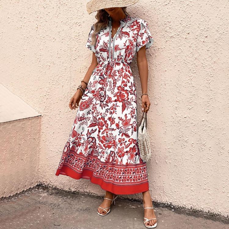Hot Selling Women's Blue Retro Ethnic Print Vacation Dress Casual Slim Waist Crossbody Apparel Fashion