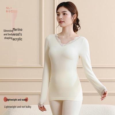 Women's Lace Merino Wool Warm Body Shaping Underwear Set