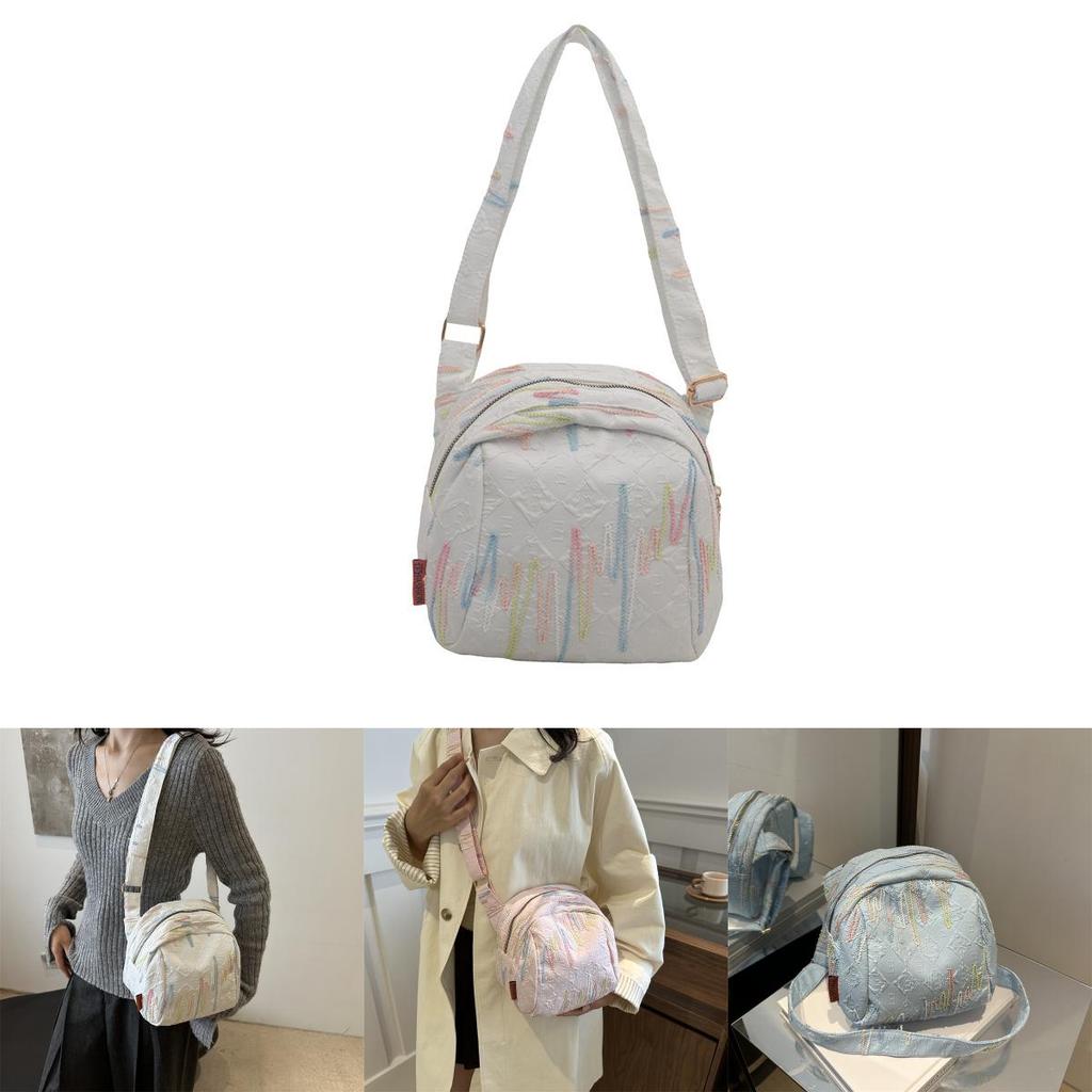 Large Capacity Trendy Canvas Shoulder Bag For Stylish Girls With Round Shape Design In Black White Blue And Pink