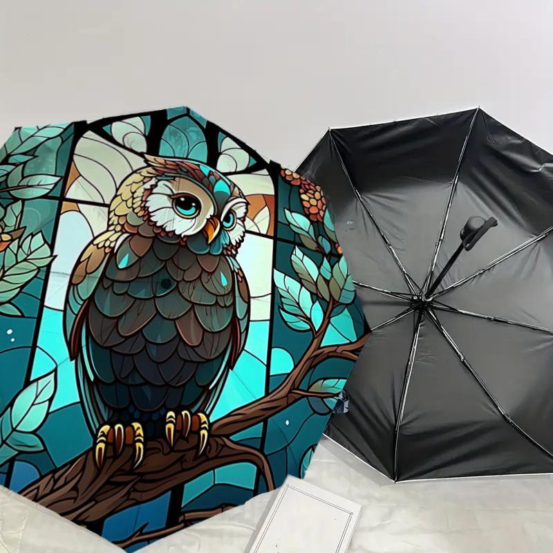 Stained Owl Design Automatic Opening Folding Umbrella with 8-Bone Iron Frame, Suitable for Fans, Travel, Daily Use, Ideal Gift for Outdoor E