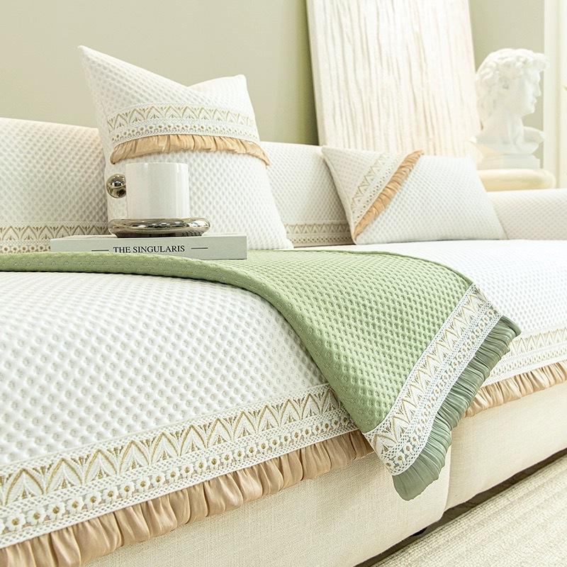 Summer Anti Slip Lace Couch Cushion Cool Sofa Cover for Living Room Summer Breathable Ice Silk Cool Feeling Solid Color Sofa Mat