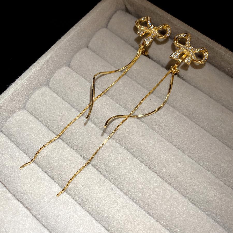 K real gold electroplated zircon bow fringed earclip personalized simple fashion earrings light luxury high-end earrings