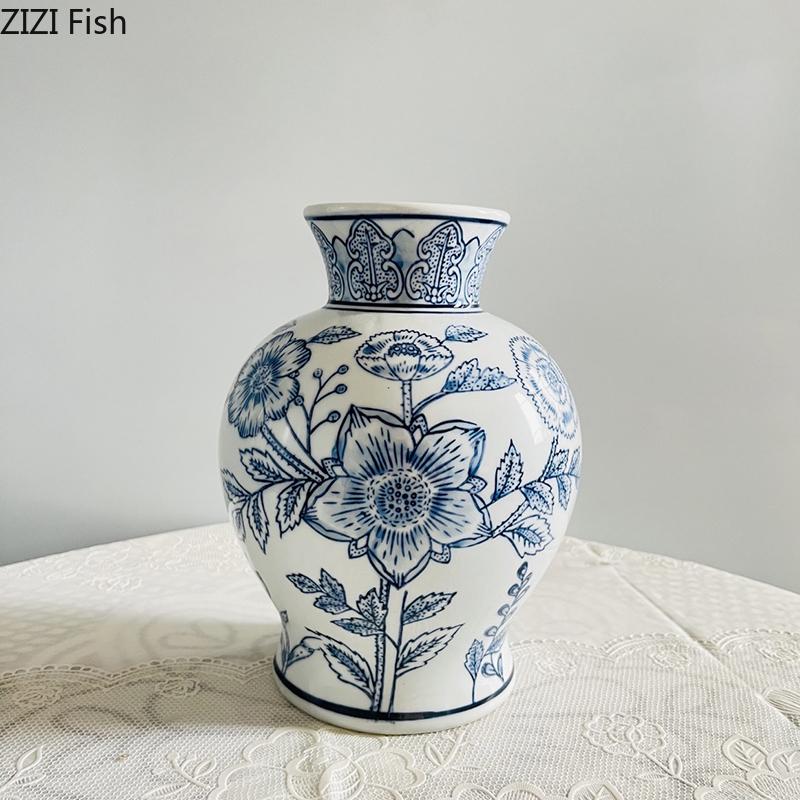 Blue and White Porcelain Vase Creative Vintage Plant Pots Table Decoration Flowers Arrangement Floral Vases Room Aesthetic Decor