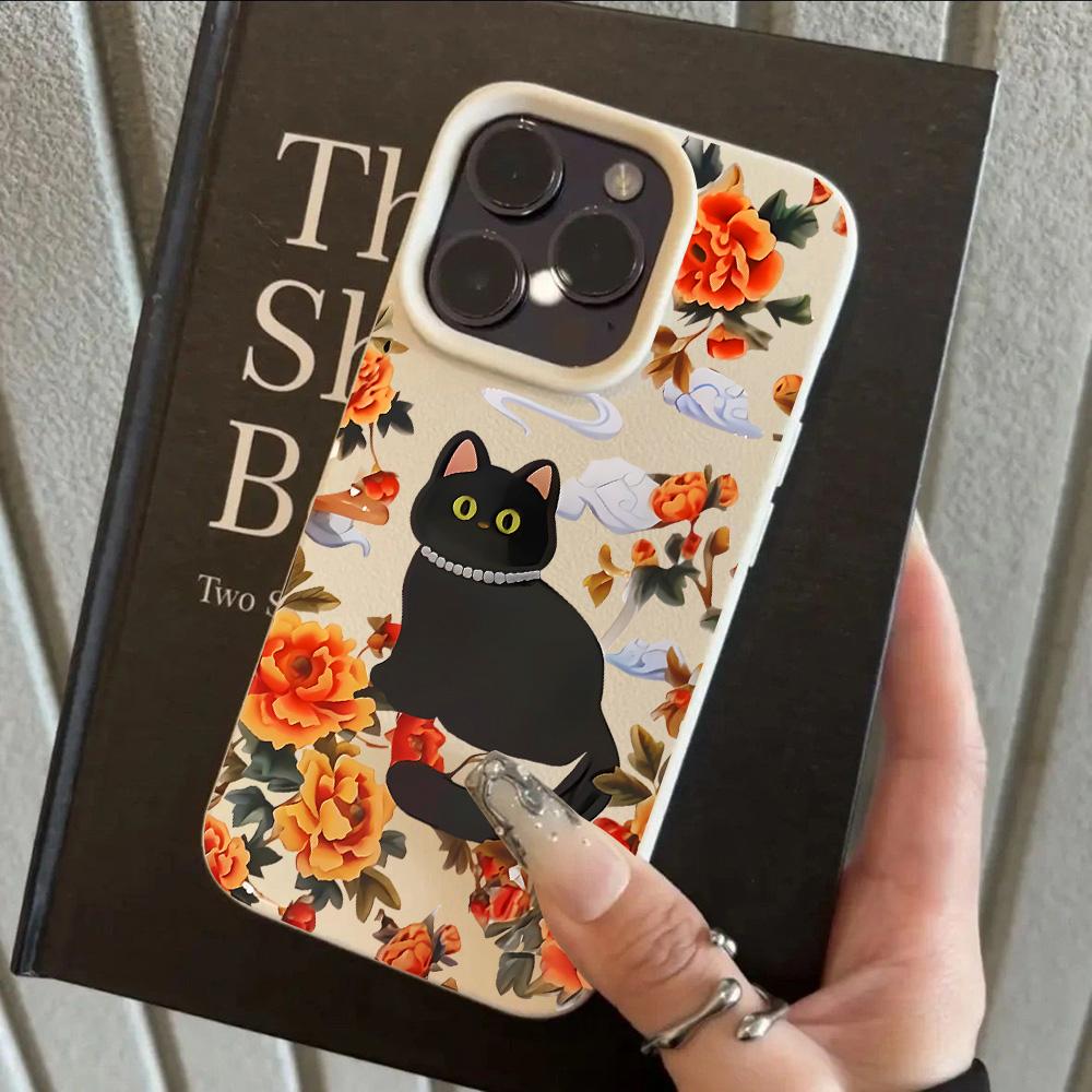 Romantic Cartoon Cat Flower Lichee Leather Pattern Phone Case For Redmi Note 14 13 12 11 10 9 8 Pro Plus 4G 5G Shockproof Cover