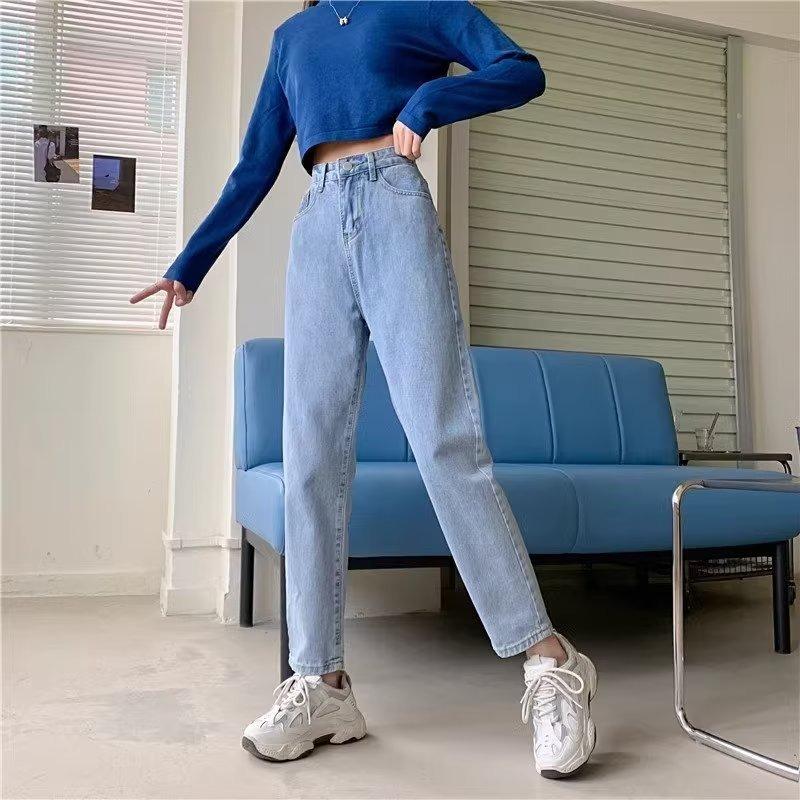 Jeans women's autumn and winter new large size high waist thin high straight trousers