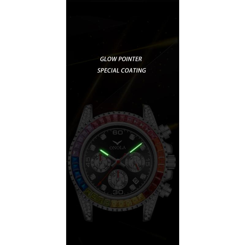 ONOLA Luxus Gold Uhr Herren Automatik Datum Edelstahl Wasserdicht Uhr Mode Regenbogen Iced Diamant Quarz Armbanduhr