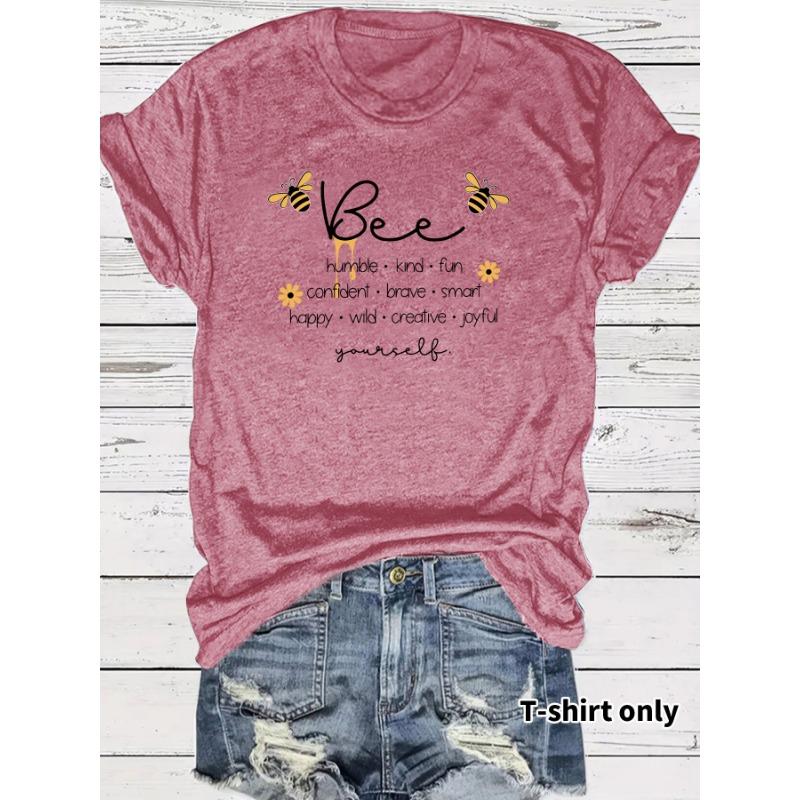 Women s Casual and Fashionable T-shirt with A Round Neck and Short Sleeves Featuring Bee and Letter Patterns S