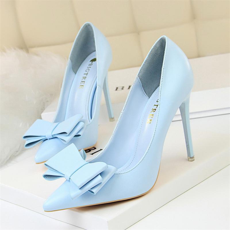 Fashion Sweet Women High Heel Shoes Blue Yellow Shallow Mouth Pointed Toe Butterfly Knot Leather Wedding Party Event Pumps