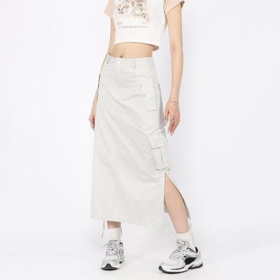 American Retro Cargo Midi Skirts Women Fashion Y2k Streetwear Vintage Pocket High Waist Side Split Shirring Straight Long Skirt