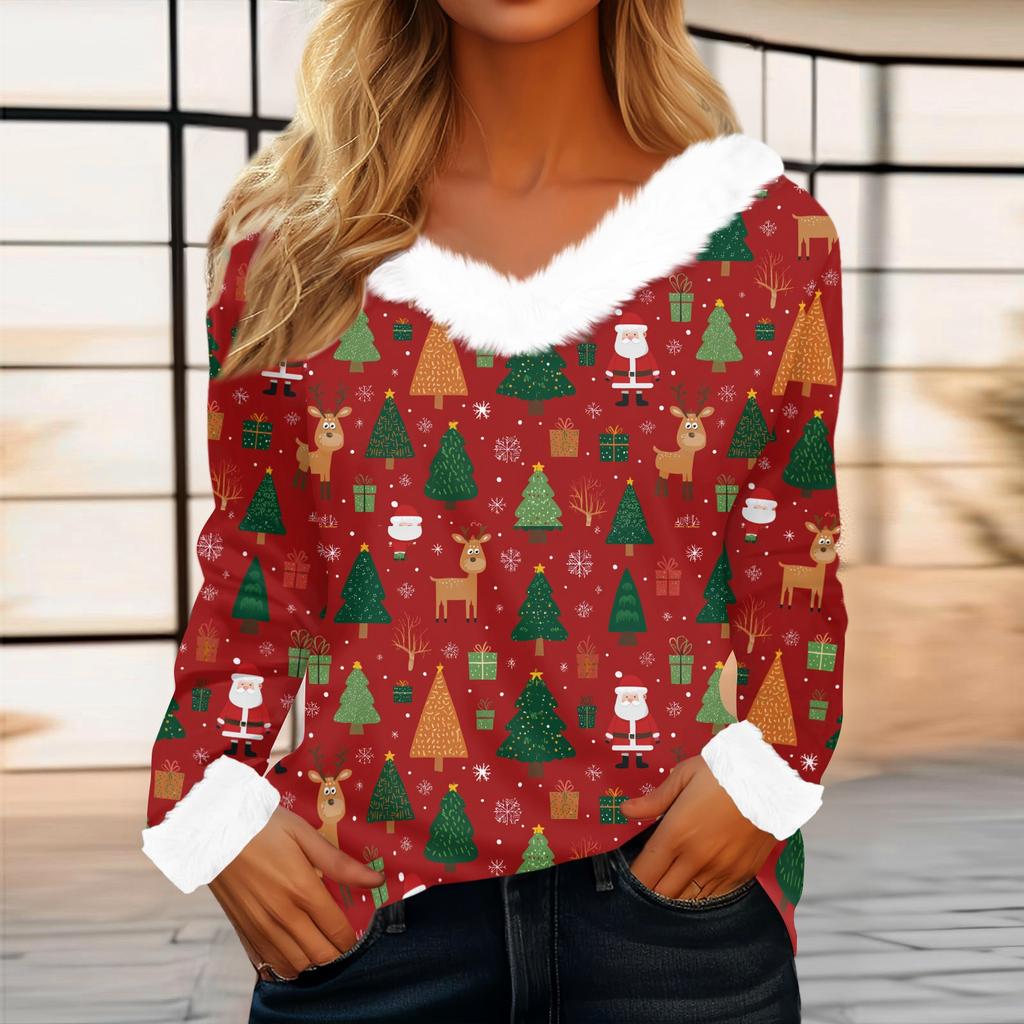 Women's Casual Fashion Long Sleeve Christmas Printed Flannel Collar Top