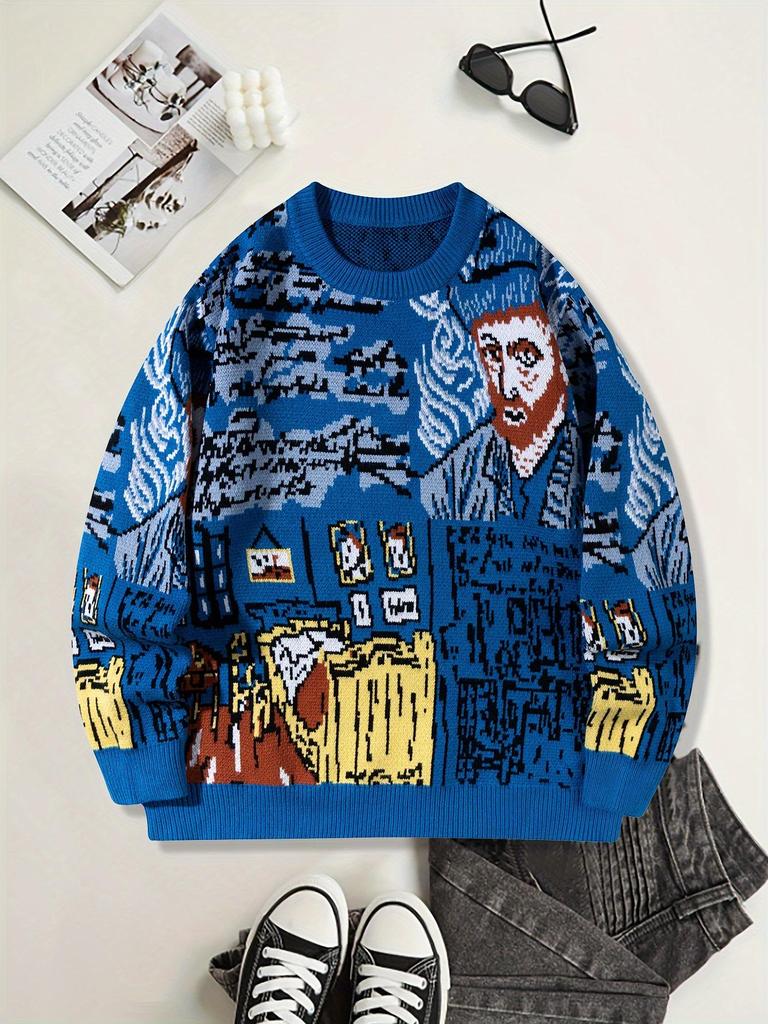 Stylish Korean Round Neck Men's Wool Sweater - Autumn/Winter Casual Loose Fit with Graffiti and Color Block Design