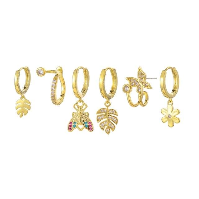 

925 пробы стерлингового серебра цвет циркон насекомое бабочка цветы листья 6-шт. серьги комплект для женщин роскошные кольца ювелирные изделия