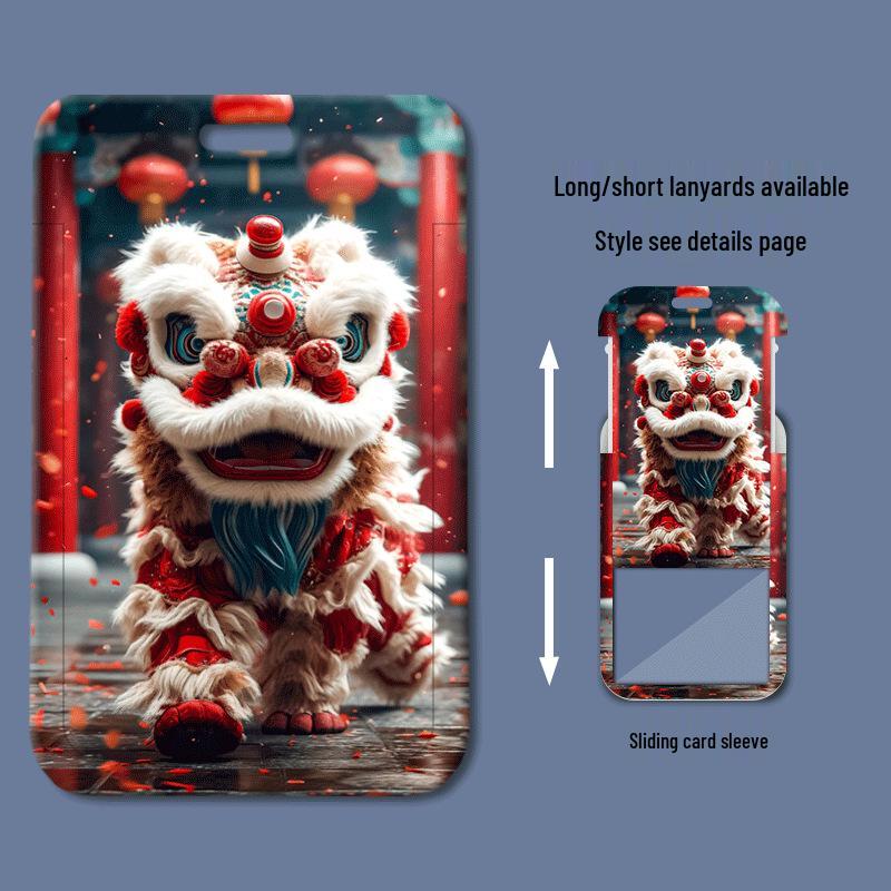 Cute Dancing Lion Sliding ID Card Holder - Cartoon Student & Work Access Cover