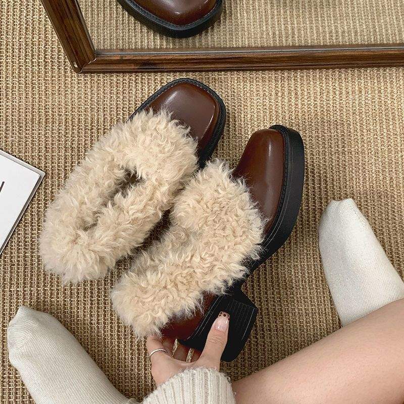 Black Thick-heeled Small Leather Shoes for Women's 2025 New Autumn and Winter Plush Warm Fluffy Shoes Mary Jane Pedal High Heels