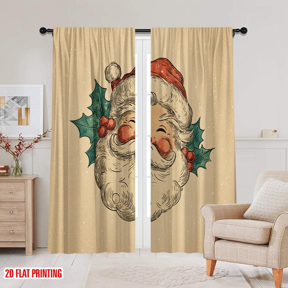 2pcs,2D Plane Printing Print Curtains Vibrant Santa Claus Head Polyester Woven (without Rod) All Seasons Ldeal for Various Room