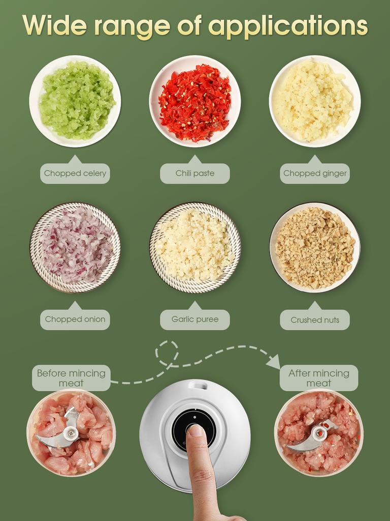 1PC USB Charging Meat Grinder 1200mAh Electric Mini Garlic and Vegetable Chopper 250ml Three-Blade Head & 100ml Two-Blade Head