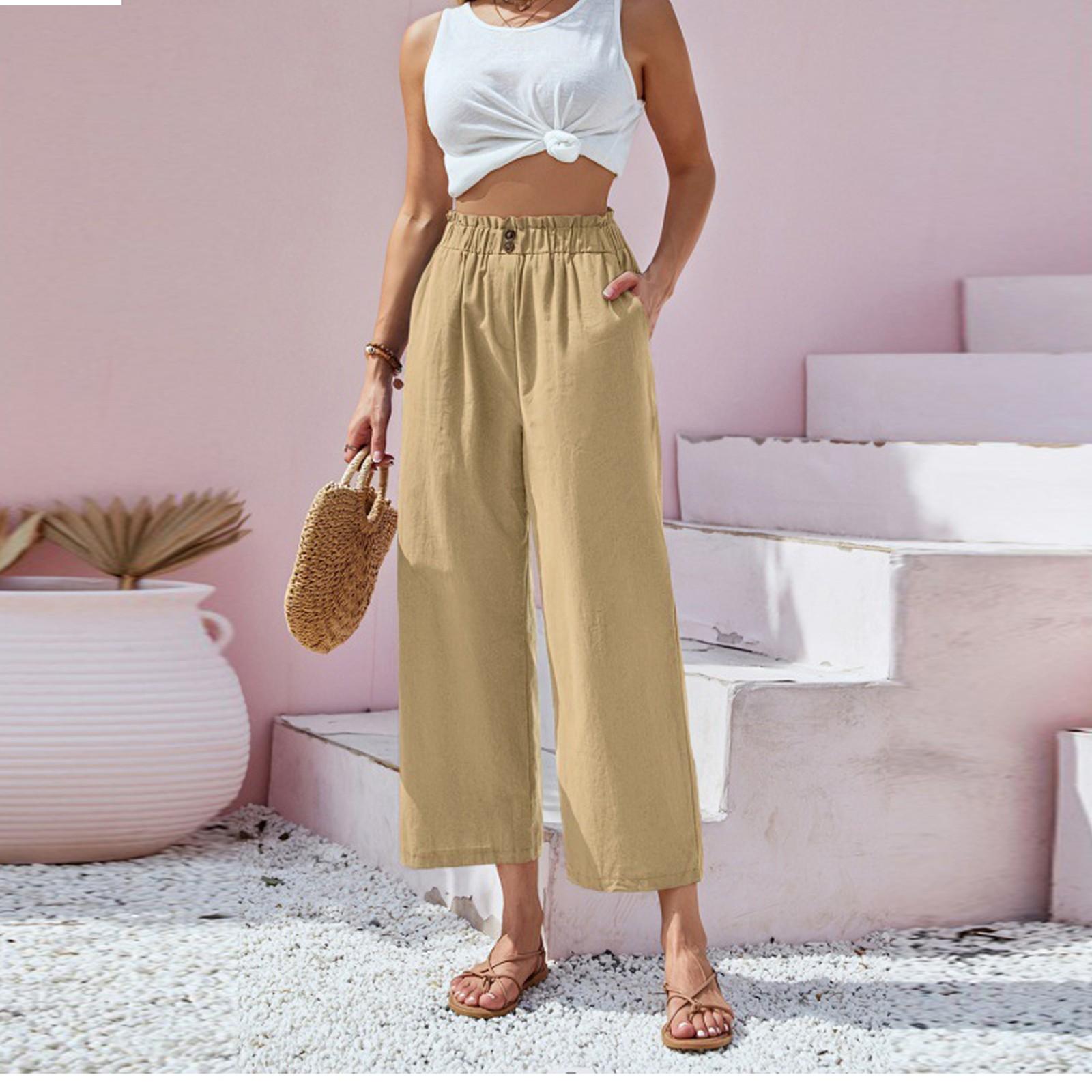 

Повседневные брюки длиной девять четвертей из хлопка и льна с высокой талией и тонкой талией XL жёлтый