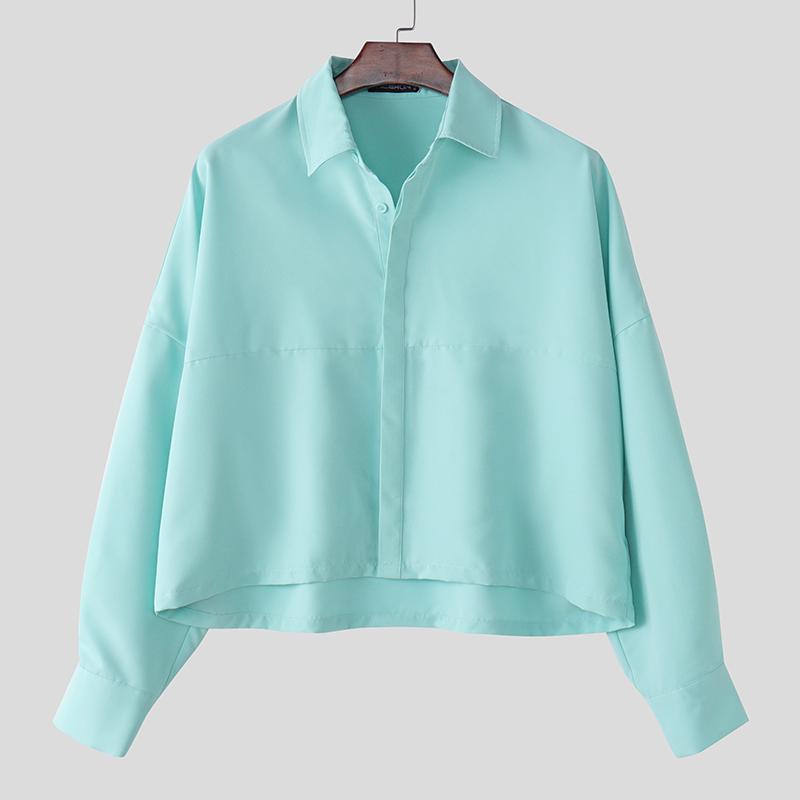 

INCERUN Мужские рубашки с воротником-лацканом и длинным рукавом, нестандартные свободные, короткие 5XL синий