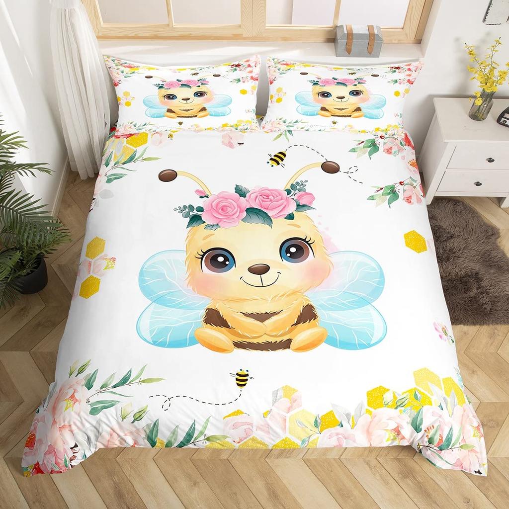 Kids Pink Rose Rabbit King Queen Duvet Cover Cartoon Animal Comforter Cover Rose Moon Floral Bedding Set Polyester Quilt Cover