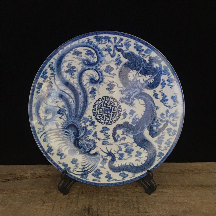 Qing Dynasty Qianlong Dynasty Blue and White Pattern Porcelain Plate Decorative Item Antique Imitation Ancient Porcelain