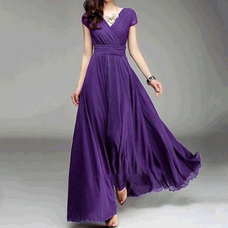 Women's Fashion V Neck Short Sleeve Evening Party Dress Solid Long Cocktail High Waist Summer Dresses