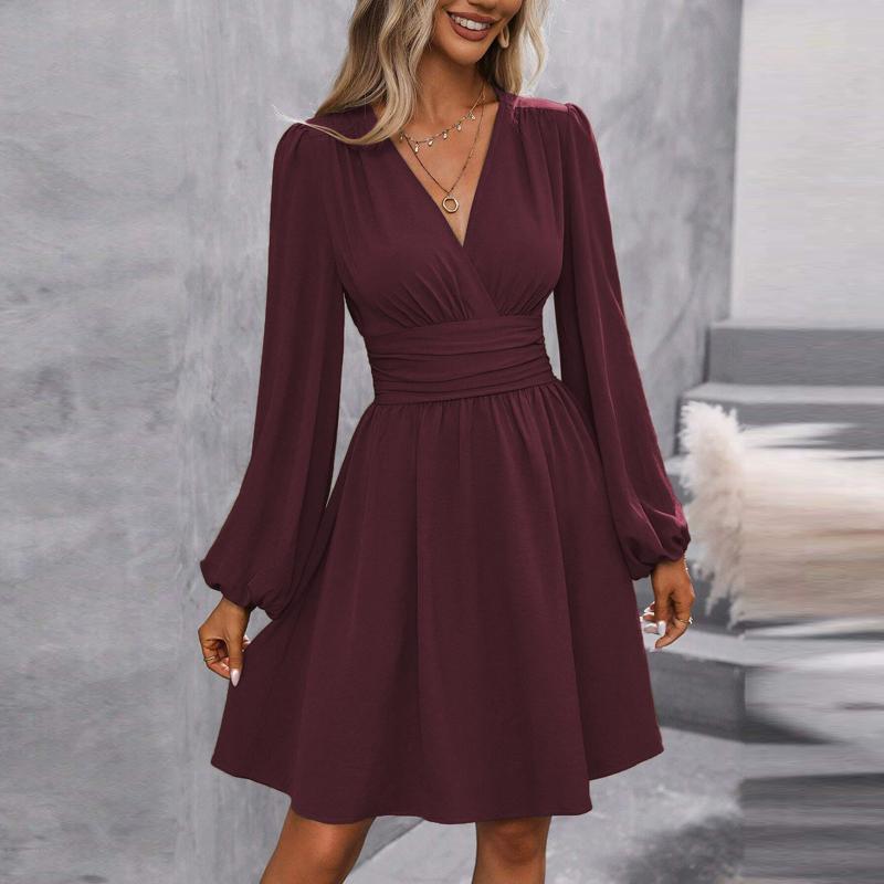 Spring Summer Women's Dress Solid Color Chest Wrapping V-Neck Lantern Sleeve Dress Women's Clothing