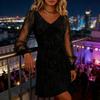 Women's Sparkly Mesh Long Sleeve Mini Dress Glitter V Neck Banquet Cocktail Party Dress Going Out Club Night Outfits