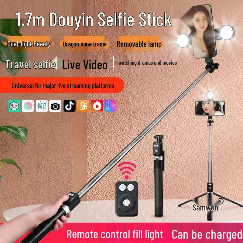 1,7 m wiederaufladbares Selfie-Stativ mit Bluetooth-Fernbedienung & Handyhalter für Live-Übertragungen