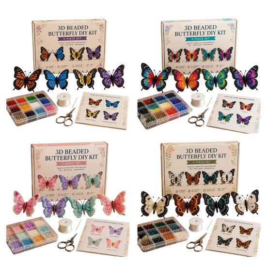 3D Beaded Butterfly Craft Kit, Tiny Beaded Animal DIY Handmade Art Set with Instruction, Cute 4-Pack Butterflies Beadwork Kit