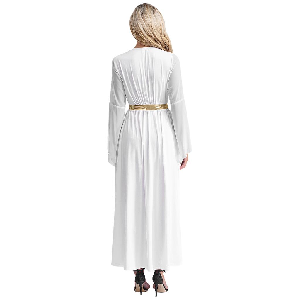 Womens Greek Costume Roman Queen Princess Ancient Toga Gown V Neck Long Sleeve Contrast Fancy Dress
