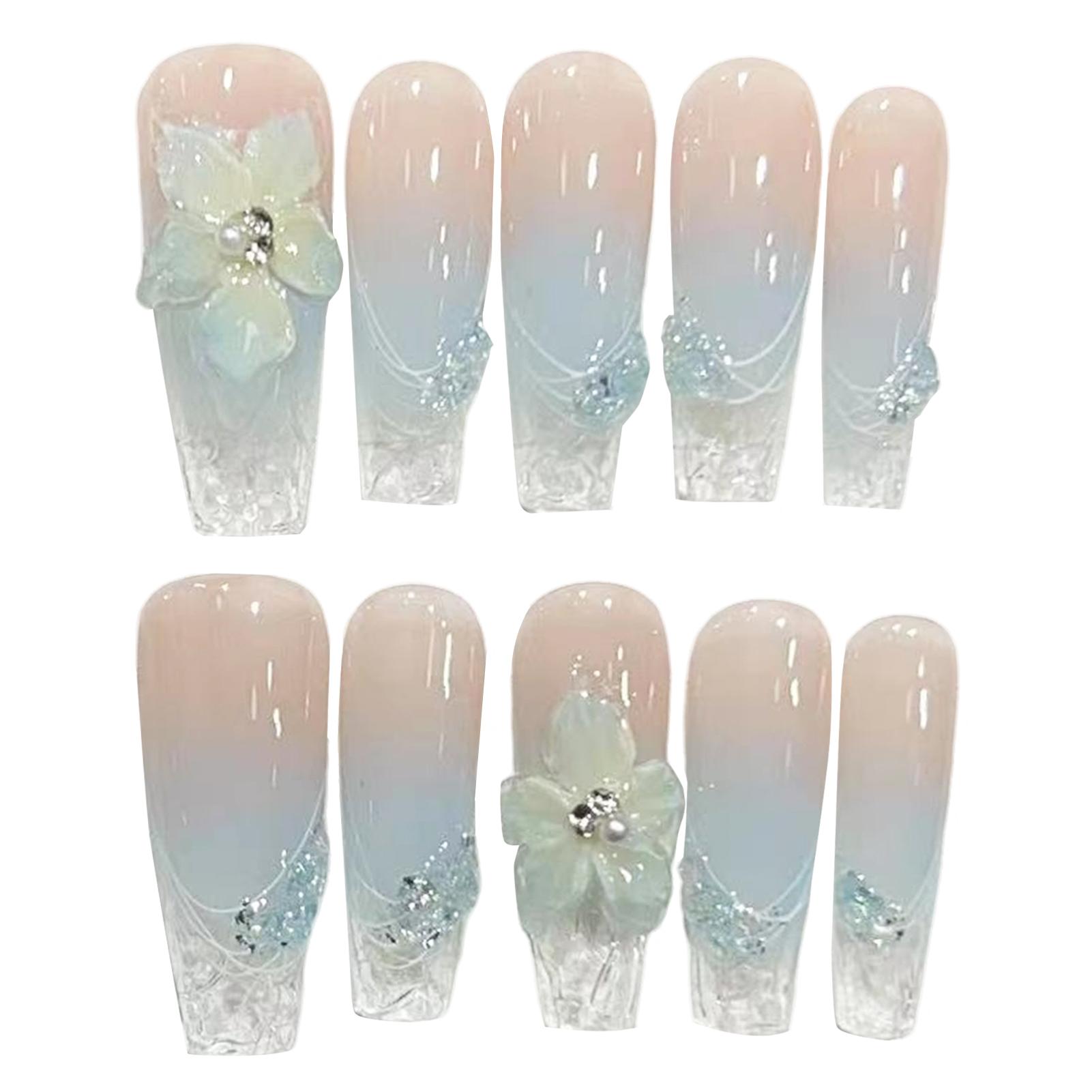 735 Extended T Blue Ice Flower French Wave Handmade False Nails 10pcs XS синий