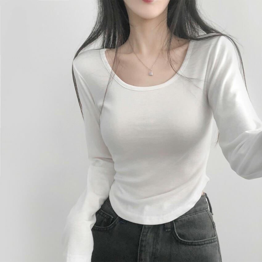 tops Women's Korean Fashion Tops Cut and Sew Long Sleeve Cropped Short Length Slim Stretch Plain Solid Color Affordable Simple Feminine Casual Autumn