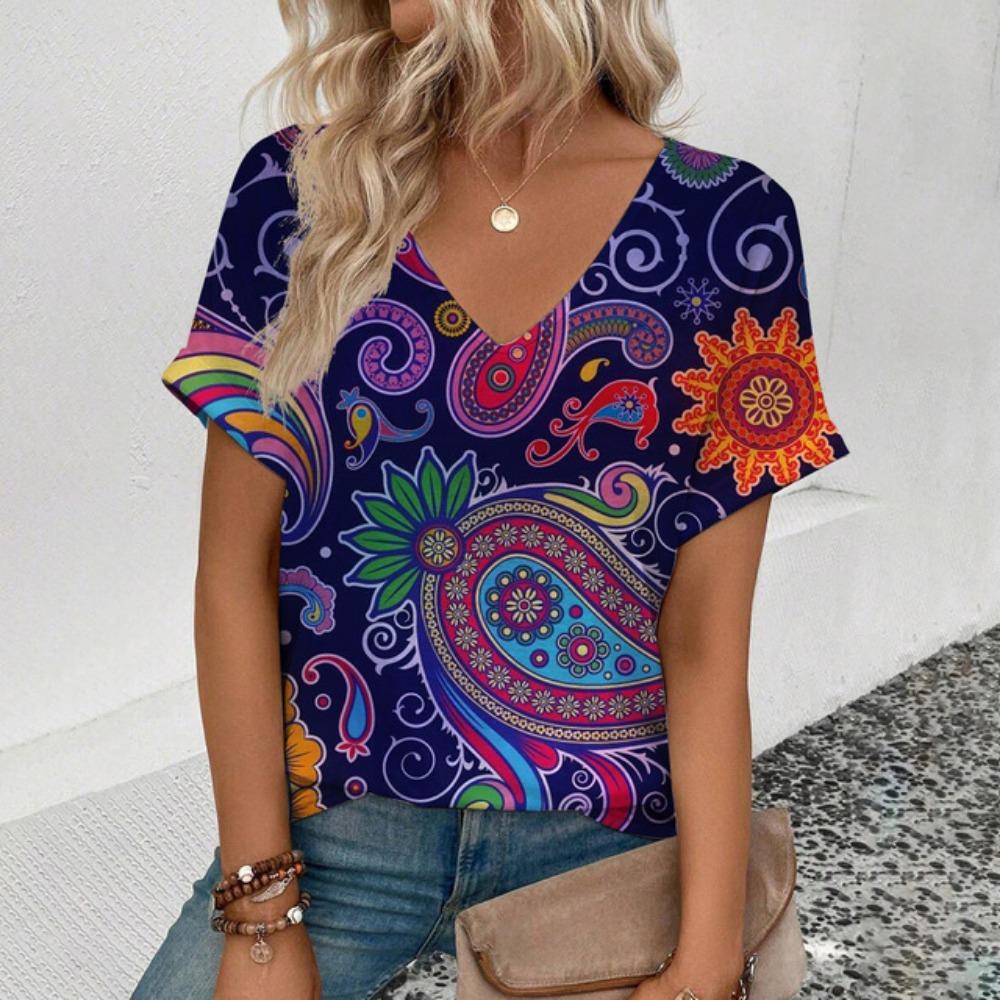 Summer Fashion Loose Casual Women's V-neck Top Green Floral Print Vintage Short Sleeve Personalized Plus Size T-shirt