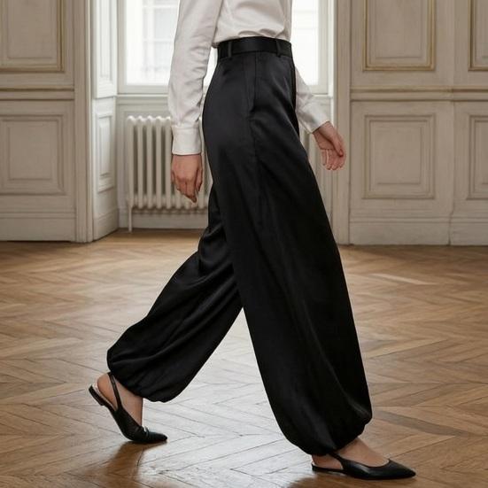 Women Satin Bloomers, High Waist Wide Leg Trousers, Pure Color Loose Fit Flowing Pants for Office Date Night Casual Daywear