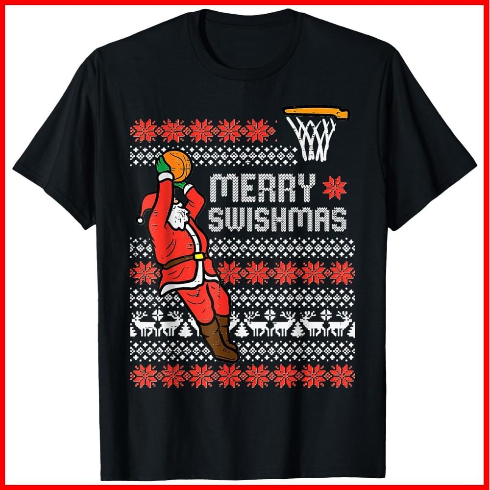 Merry Swishmas Ugly Christmas Sweater Basketball Black Cotton T-Shirt Unisex T-Shirt M