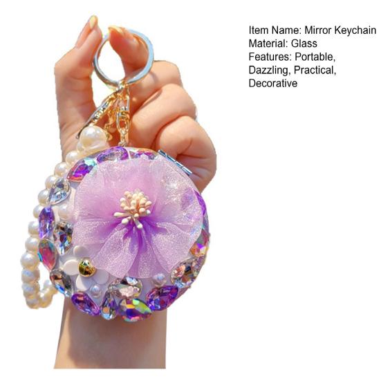 Women Folding Mirror Keychain Portable Make-up Mirror Pendant Rhinestones Faux Pearl Double-Sided Mirror