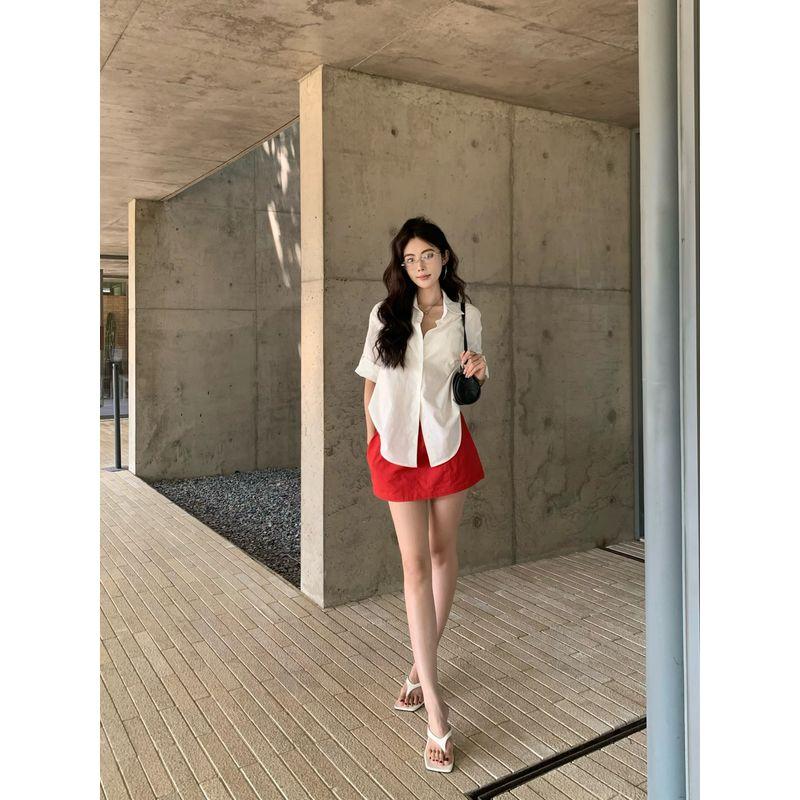 Kumikumi Elegant Outfit Minimalist Solid Color Half Sleeves Shirt Women Autumn Anti-Exposure Skirt Short Skirt Two-piece Set