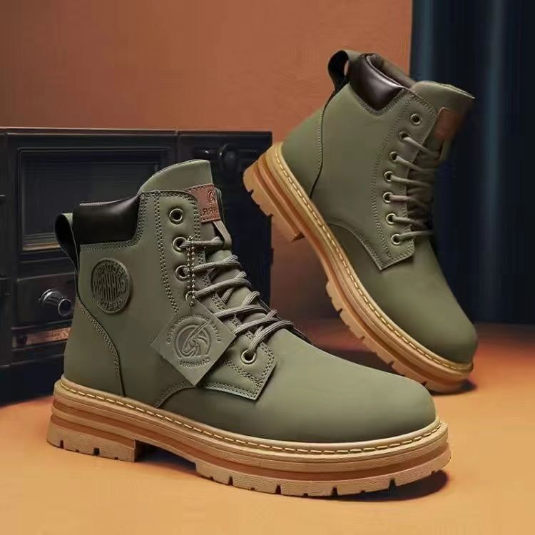 Men's Tactical High-Top Cowboy Boots Chunky Sole Non-Slip Workwear Ankle Boots Trendy Versatile Streetwear Sneakers for Men