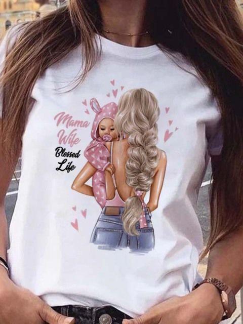 Women T Shirt Cartoon Mom Daughter Son Print Lady Tshirts Short Sleeve Tops Womens Kawaii Graphic Female Tshirt Clothe