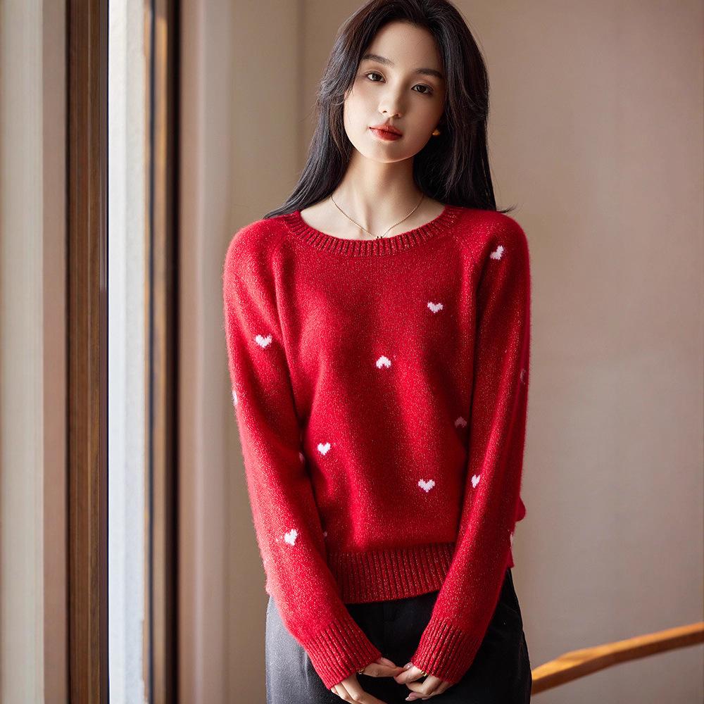 Women's Heathered Wool Heart Jacquard Knit Pullover - Autumn/Winter