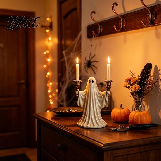Artistic Ghost Sculpture Cute Candle Holder for Halloween Resin Tealight Candlestick Taper Figurine Home Table Decor & Spooky Atmosphere Accessory