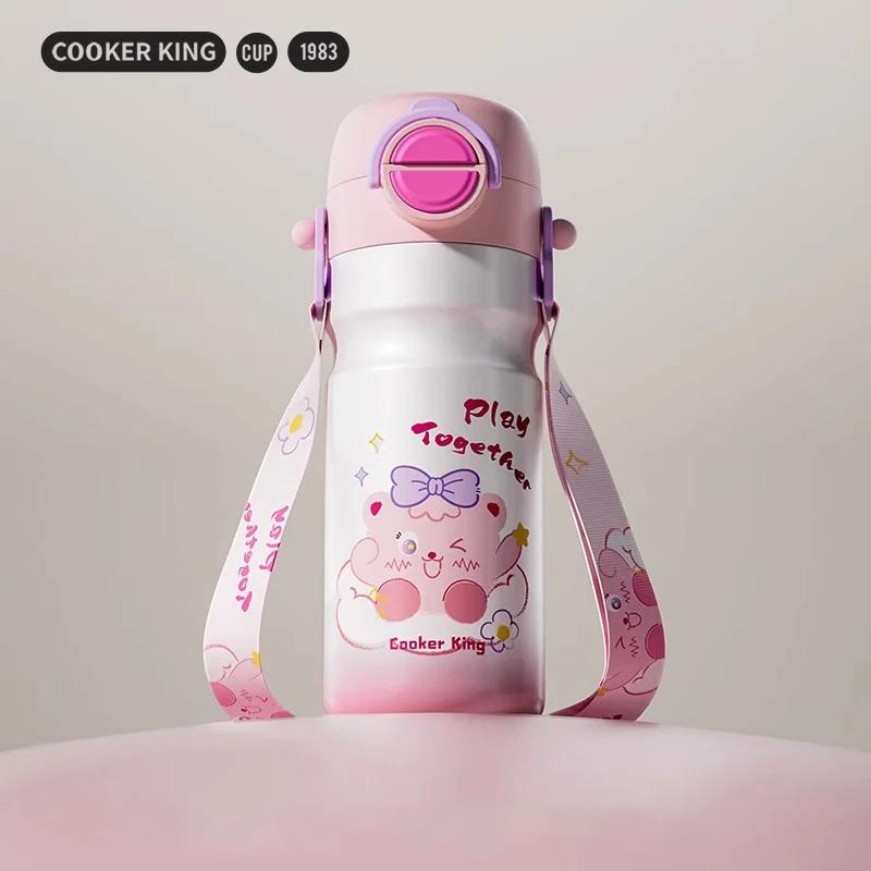 COOKER KING Cartoon Thermos Cup for Kids Stainless Steel Straw Cup with Strap Portable Double Drinking Water Bottle for Children