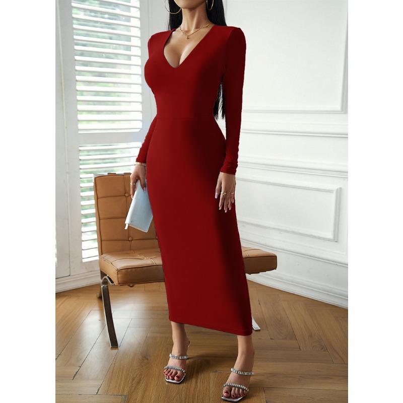 Women's Clothing Independent Station Sexy V-neck Hip-hugging Long-sleeved Dress