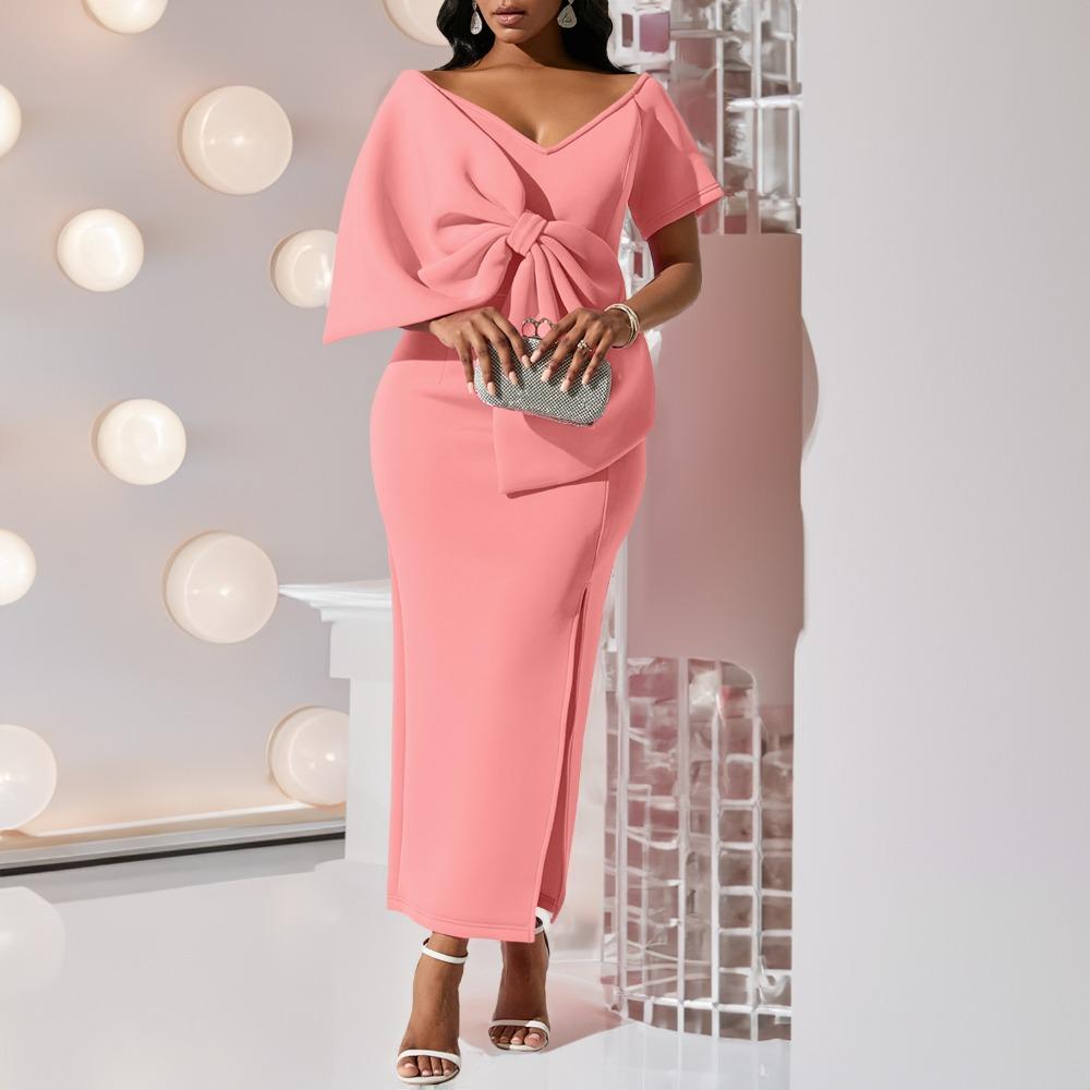 Women's V Neck Short Sleeve Maxi Dress Slim Fit High Waist Elegant Solid Color Big Bow Side Slit Bodycon Dress Party Formal Dress