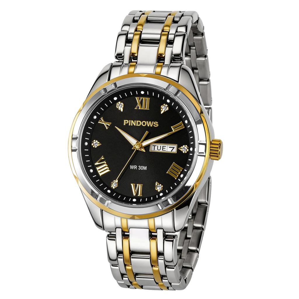 PINDOWS Analog Quartz Watch with Day and Date Stainless Steel Water Resistant for Daily Use Men's Display, Band,