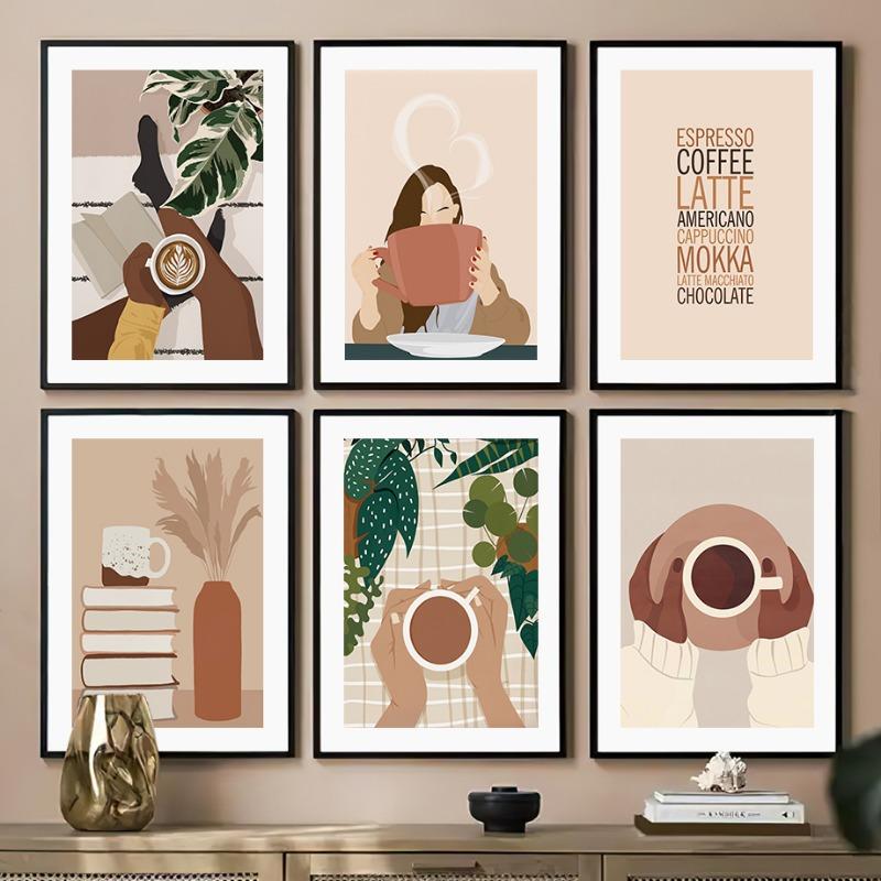 Fashion Girl Book Coffee Cup Life Wall Art Canvas Painting Abstract Posters And Prints Hotel Cafe Wall Picture Indoor Room Decor